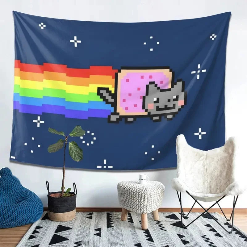 tapisserie pop art chat nyan arc ciel bleu rose géométrique grande dimension chambre decoration