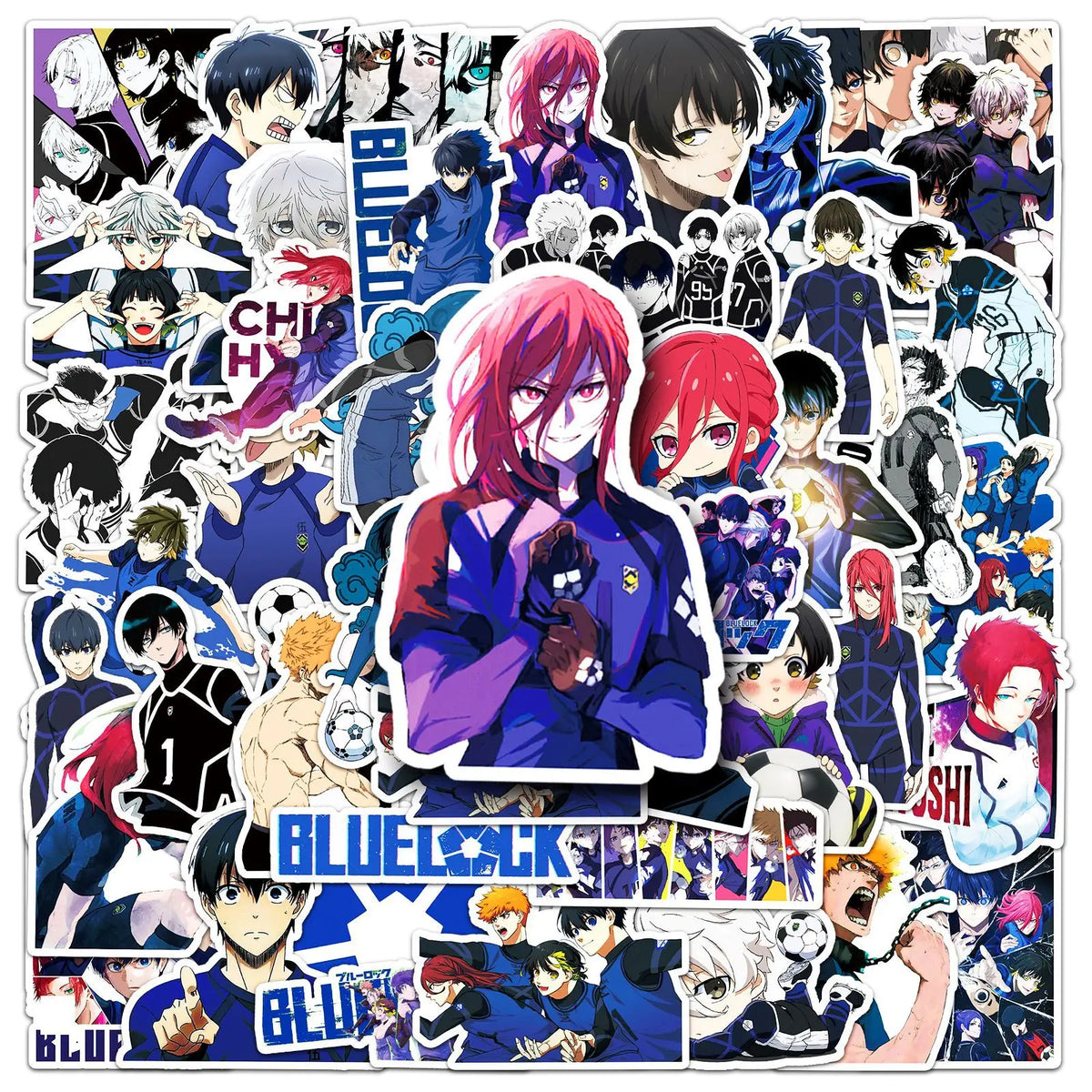 sticker anime personnages textes bleu lock chigo goal shi team football noir blanc