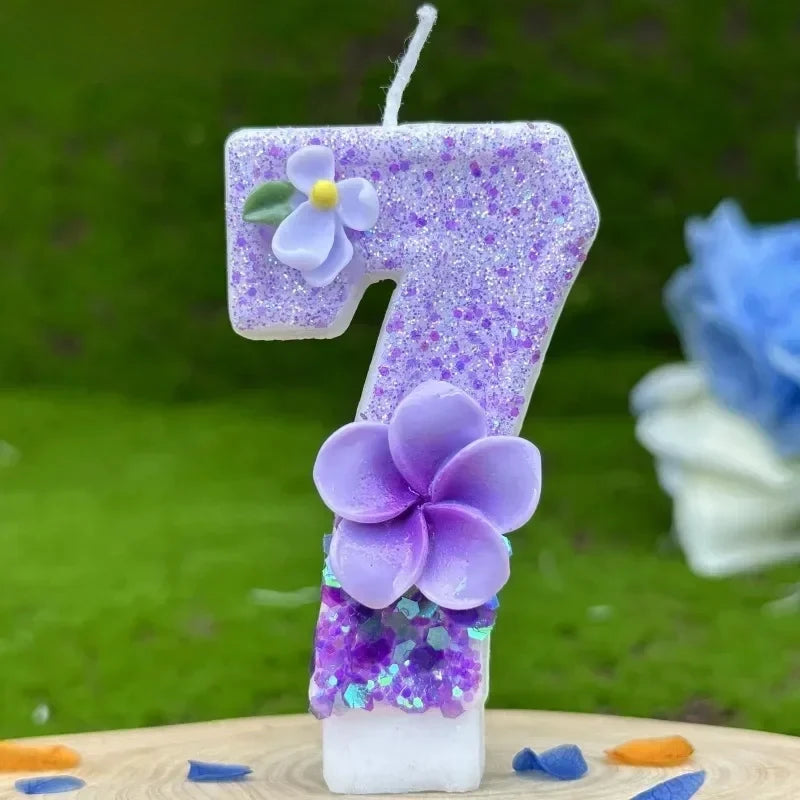 bougies chiffres violets fleurs anniversaire décoratives sans flamme enfants gâteau paillettes numérotation festive