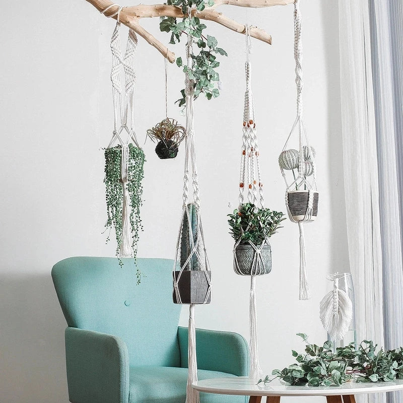 Macramé suspendu plante boho tissé main motifs géométriques anneaux métalliques