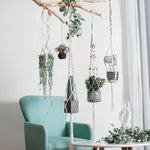 Macramé suspendu plante boho tissé main motifs géométriques anneaux métalliques
