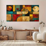 impression toile abstraite moderne géométrique carrés rectangles cercles rouge bleu jaune vert marron beige