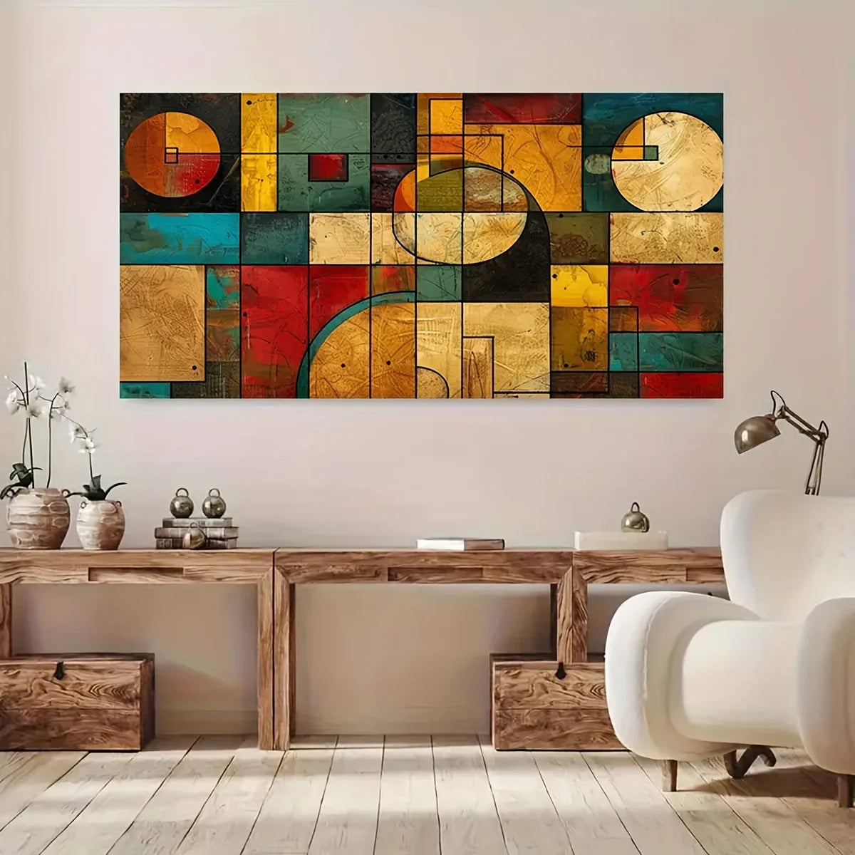 impression toile abstraite moderne géométrique carrés rectangles cercles rouge bleu jaune vert marron beige