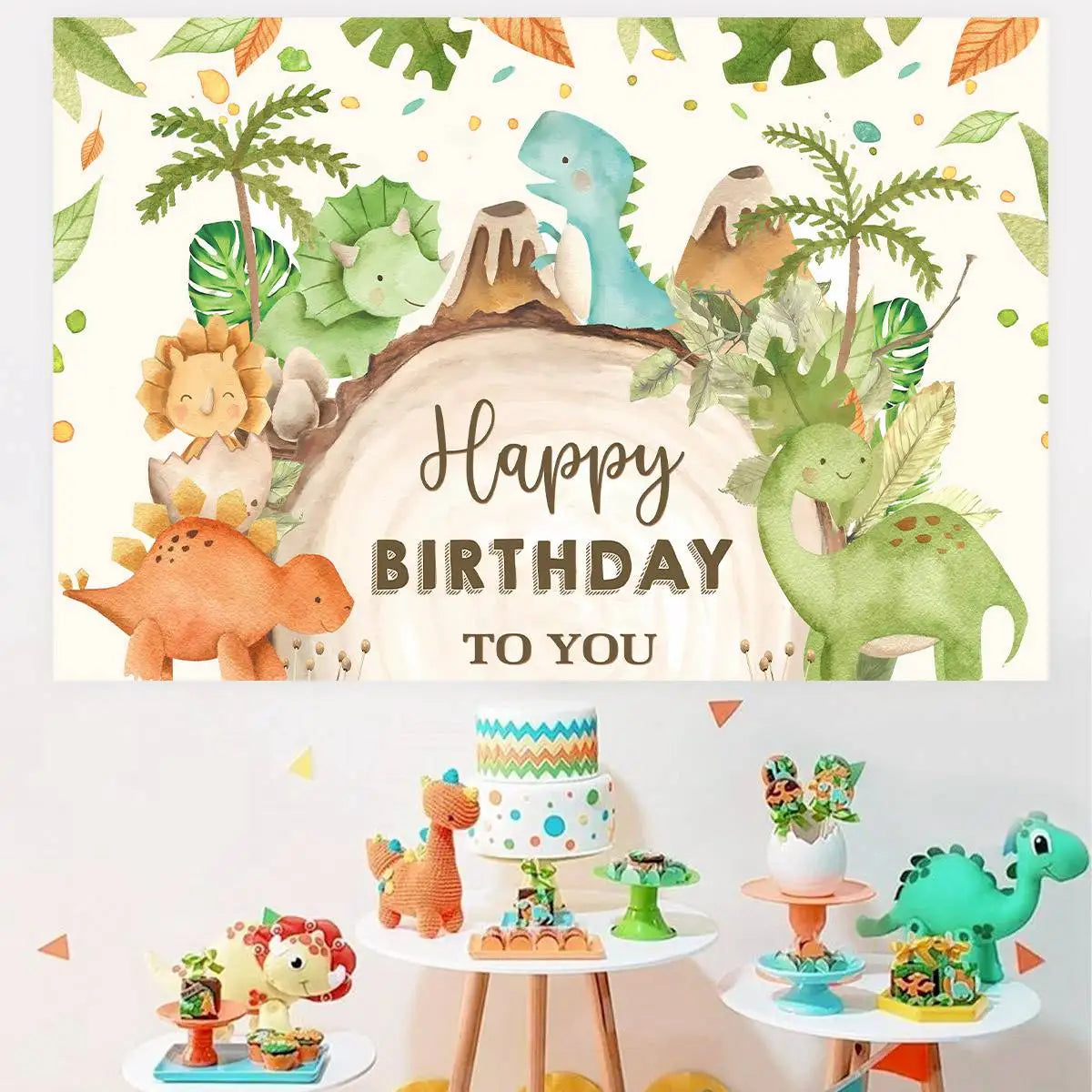 supports cupcakes dinosaures palmiers happy birthday assiettes gobelets sacs cadeaux vert orange blanc enfants