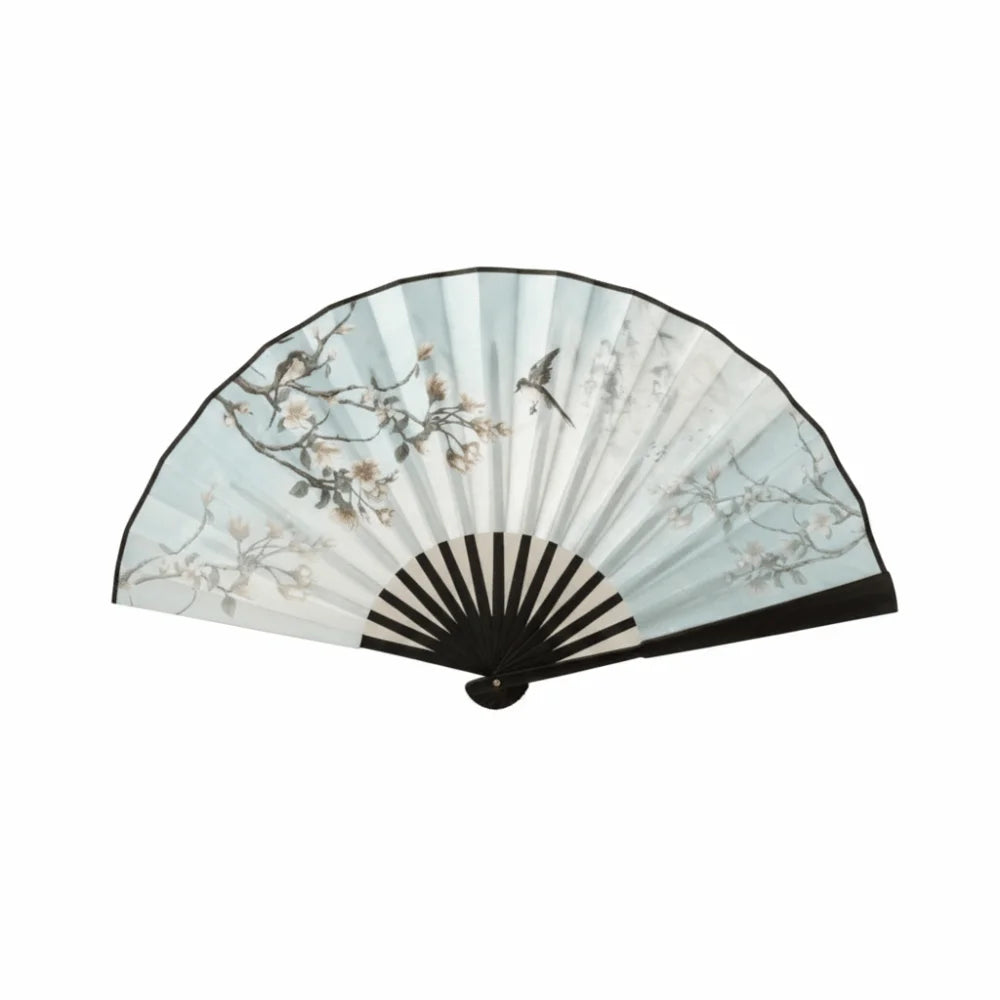 éventails pliants traditionnels chinois fleurs papillons calligraphie paysages noir blanc bleu gris rose support
