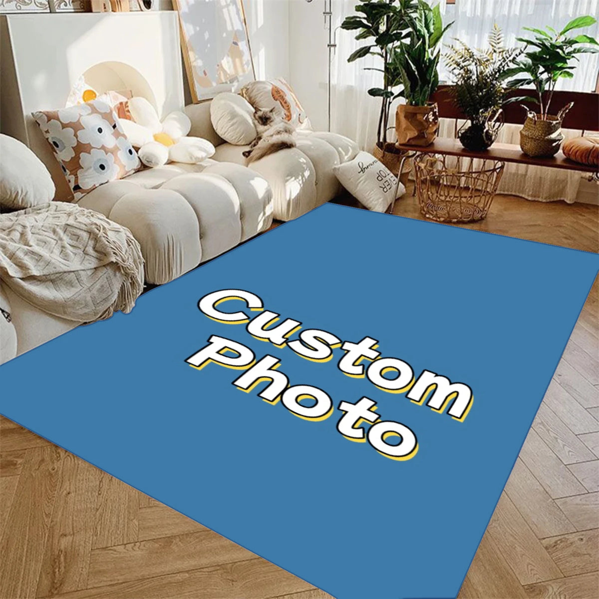 tapis photo personnalisable moderne bleu lettres blanches contour jaune salon rectangle