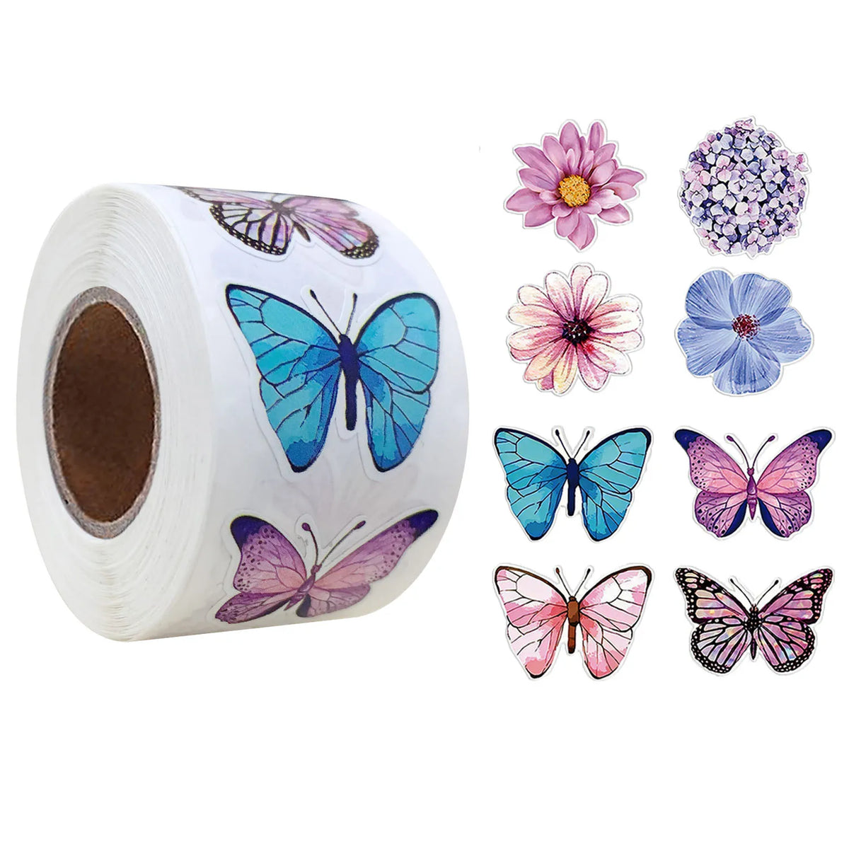 sticker papillon fleur bleu rose violet blanc adhésif décoration diy 500 pièces rouleau 2.5cm