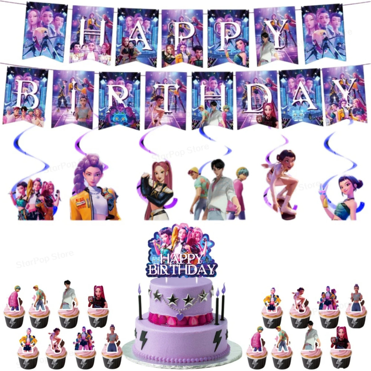 kit décoration anniversaire fille personnages dessin animé assiettes gobelets serviettes nappe guirlande rose violet