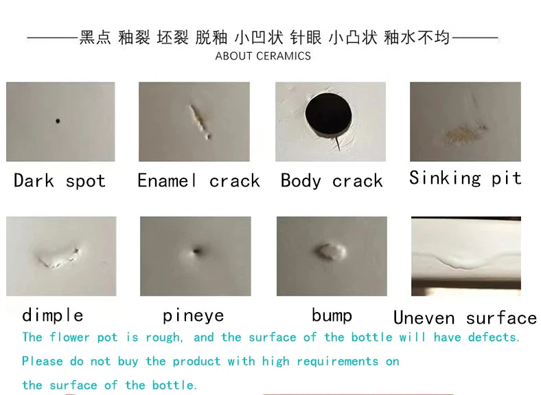 L'image montre différents types de défauts susceptibles d'apparaître sur des produits en céramique, tels que des taches foncées, des fissures, des craquelures et des irrégularités de surface. Elle informe les consommateurs de ne pas acheter les produits présentant ces imperfections, qui peuvent nuire à leur qualité et à leur durabilité.