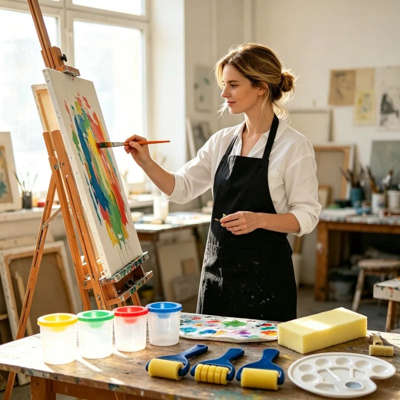 kit art créatif pinceaux tampons rouleaux palette peinture éponge tablier motifs fruits maison enfants