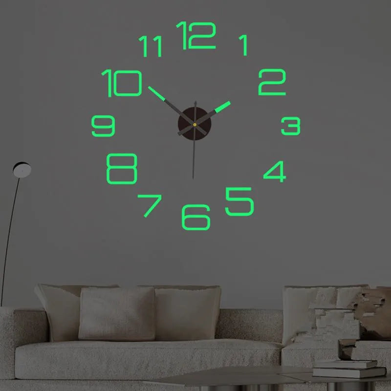 horloge murale 3D lumineuse verte rouge dorée moderne adhésive 50cm 40cm numéros blancs