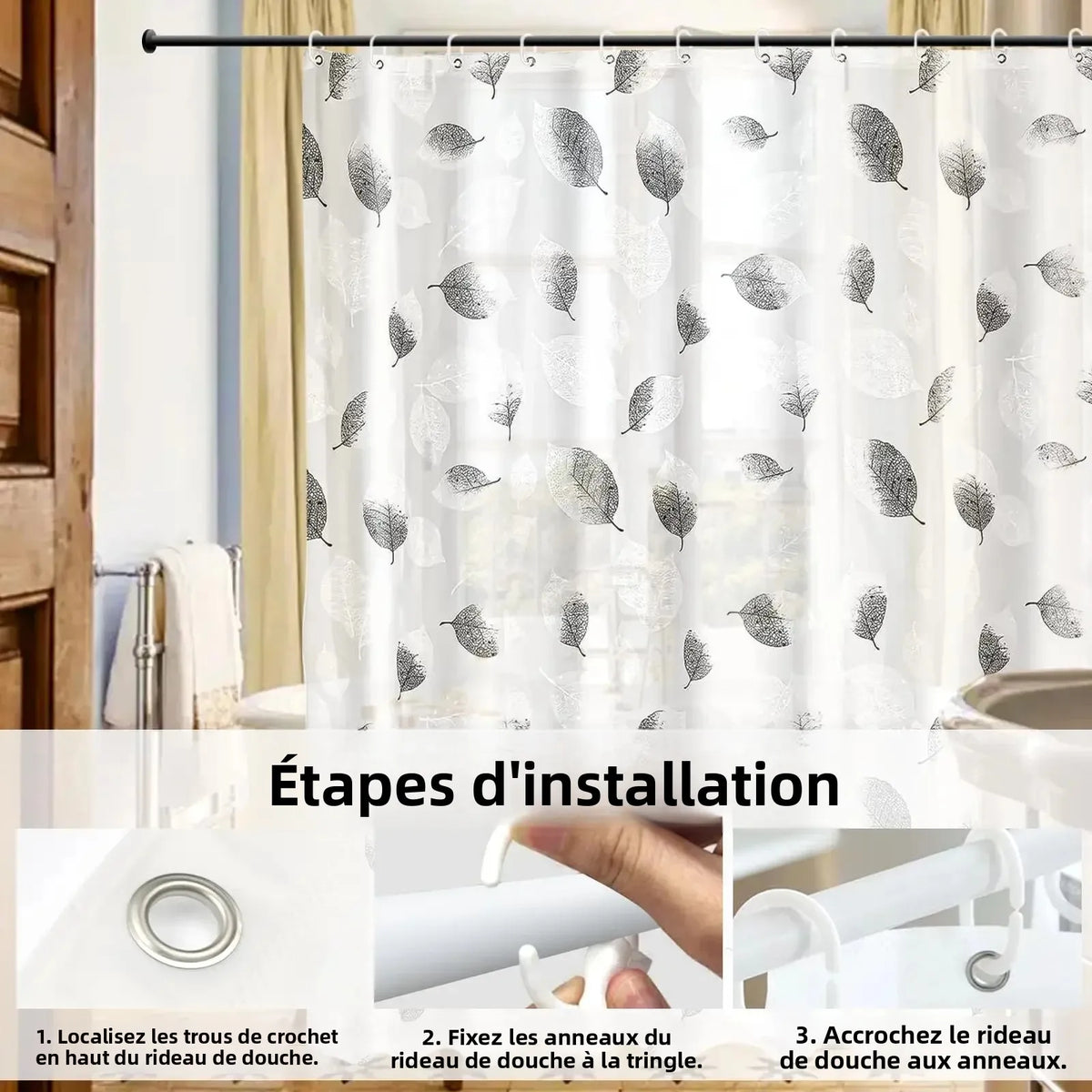 rideau douche moderne feuilles noires blanc semi transparent anneaux métalliques gris toilette
