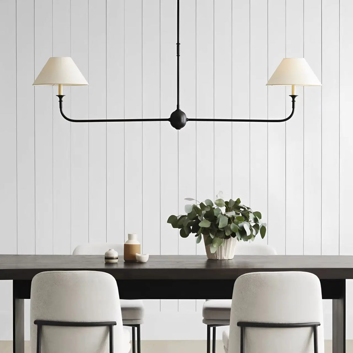 lampe suspension linéaire moderne noir beige métal abat jour tissu salon cuisine salle manger