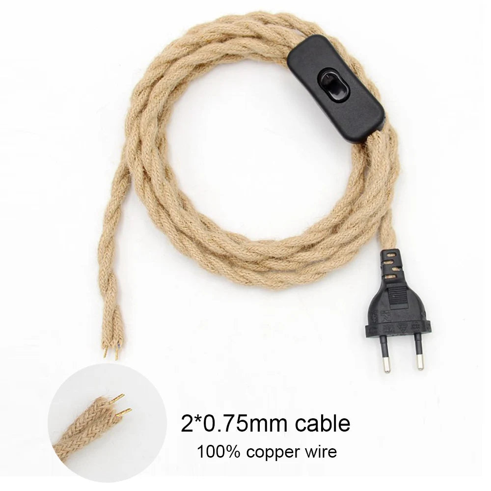 câble électrique tissé vintage 2m 3m e27 on off eu plug noir rustique