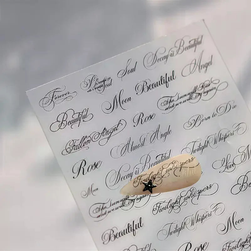 autocollants ongles transparents lettres noires calligraphie adhésif diy manucure ongles décoration beauté française écriture
