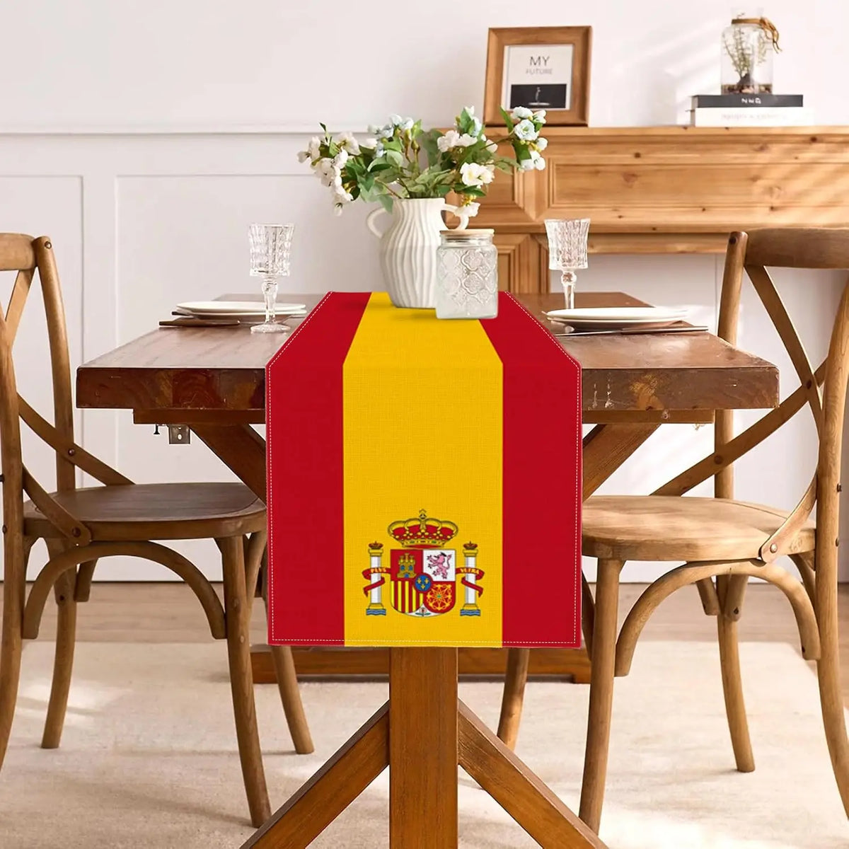 nappe lin rouge jaune drapeau espagnol écusson central festive mariage anniversaire décoration table cuisine