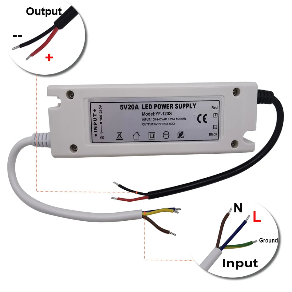 transformateurs led 5v 12a 60w 20a 100w blanc bleu moderne câbles pvc rohs ccc