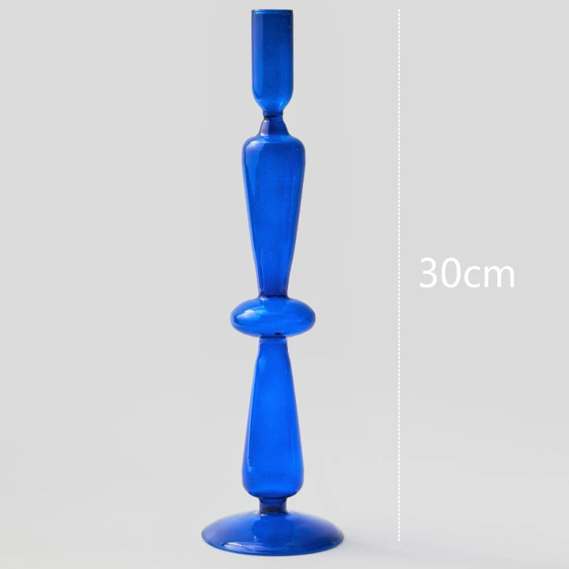 bougeoir moderne verre bleu cobalt texture ondulée décoration intérieure vase support blanc bougie blanche