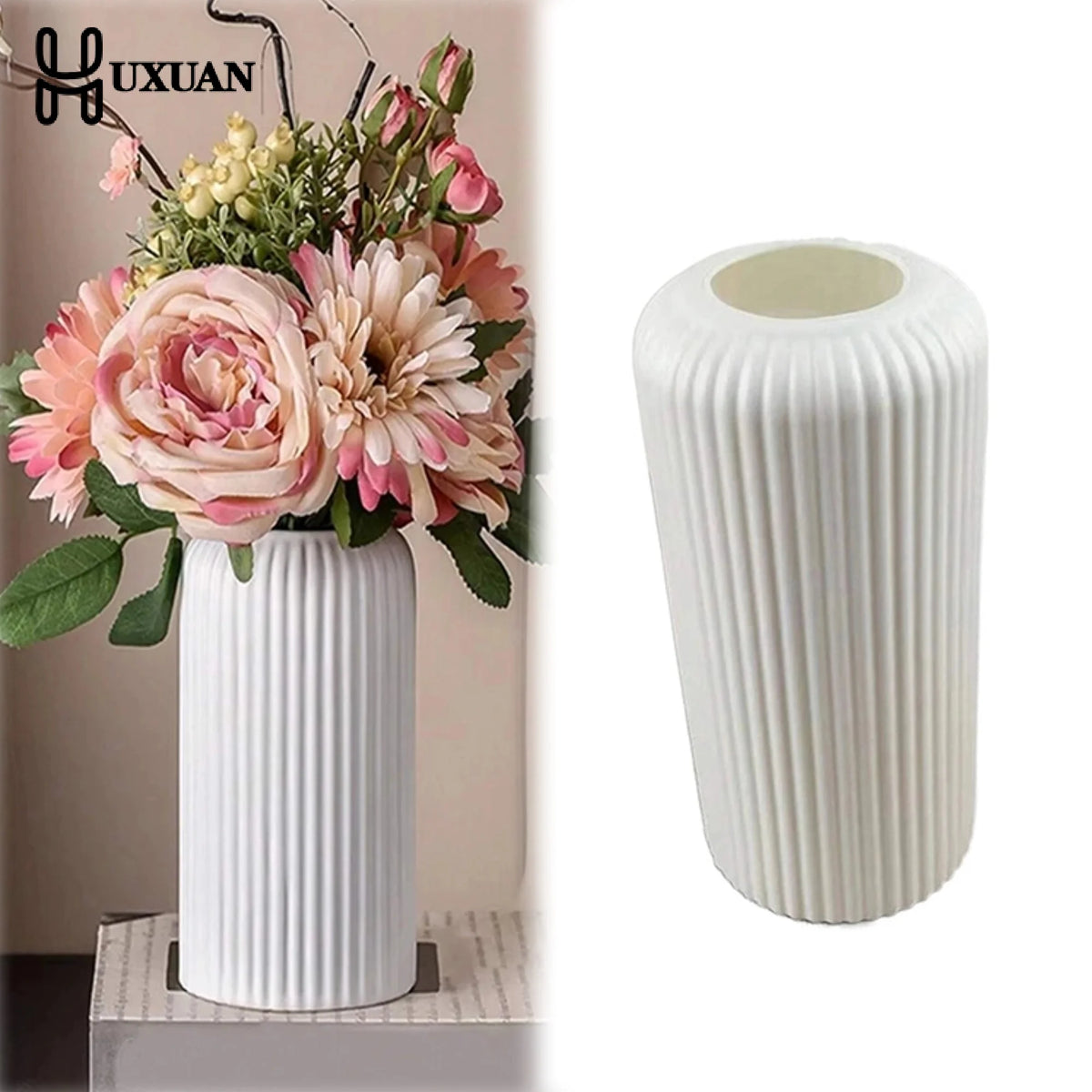 vase strié moderne blanc noir décoration intérieure fleurs artificielles étagère salon chic