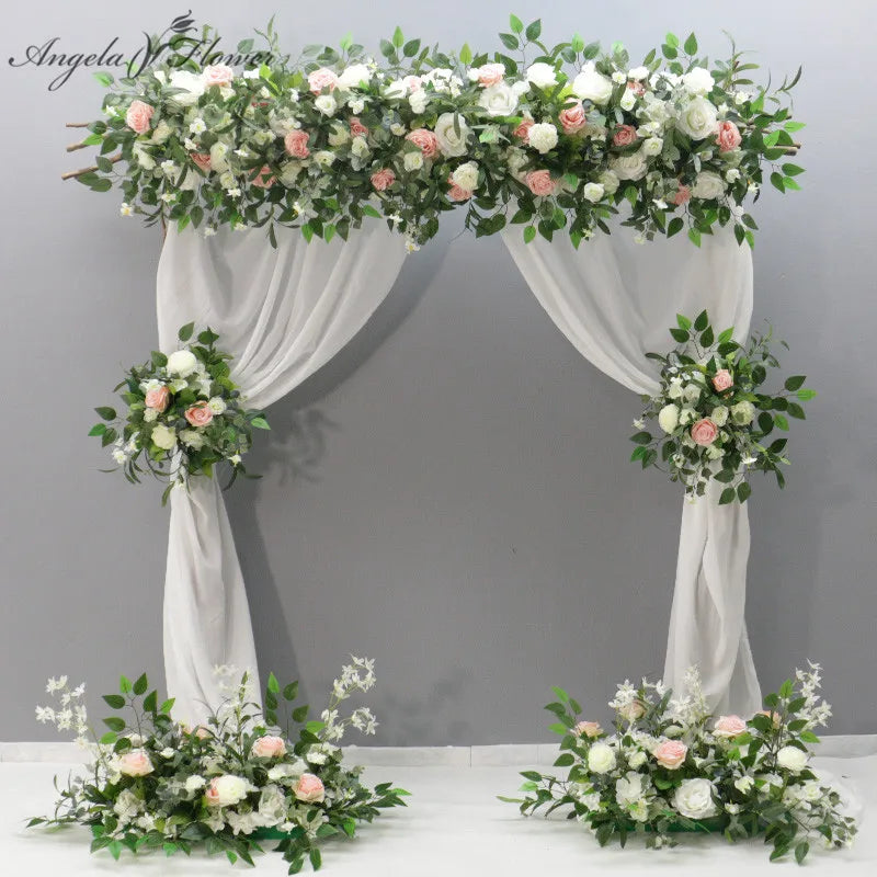arche décorative mariage fleurs artificielles feuilles vertes roses classique romantiqueextérieur anniversaire événement