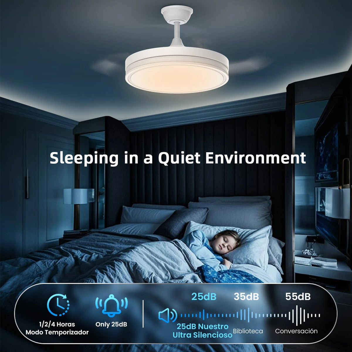ventilateur rétractable blanc moderne lampe led vitesses télécommande minimaliste lumière variable pales invisibles