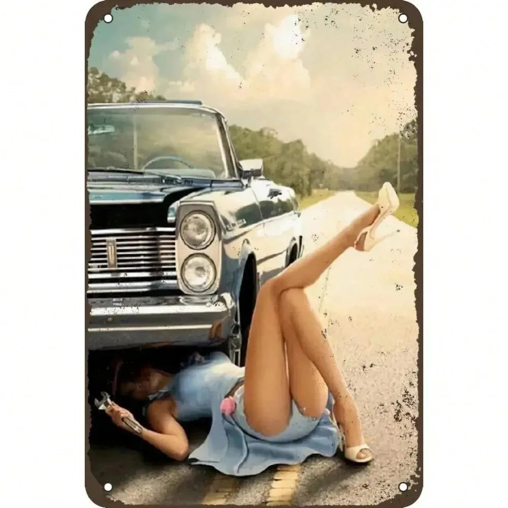 plaque métallique vintage illustration femme voiture décoration murale bleu blanc beige