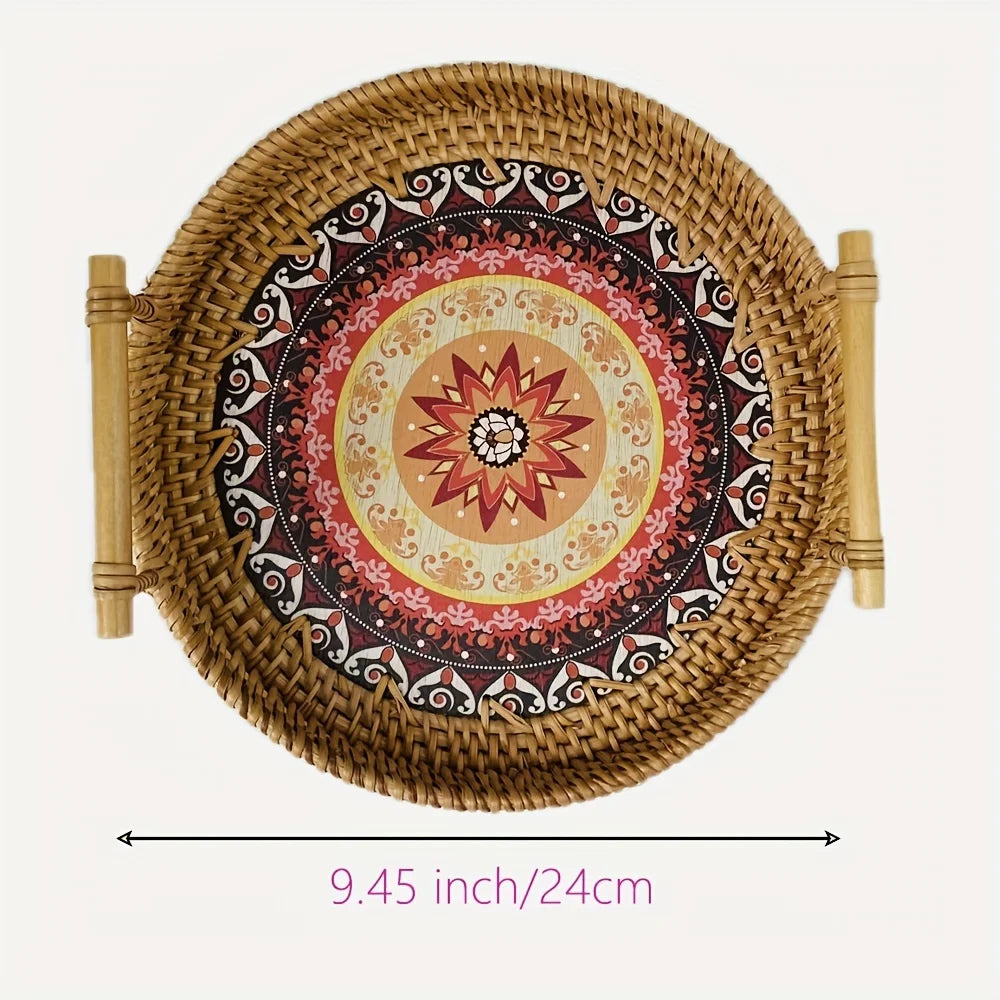 assiettes rotin motifs floraux colorés poignées bambou ethnique artisanal large medium small