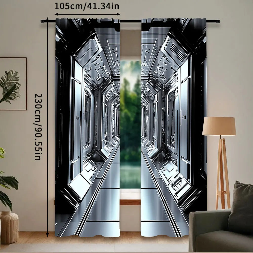 rideau futuriste noir argenté polyester opaque deux panneaux moderne industriel 75x166cm 105x230cm 130x210cm