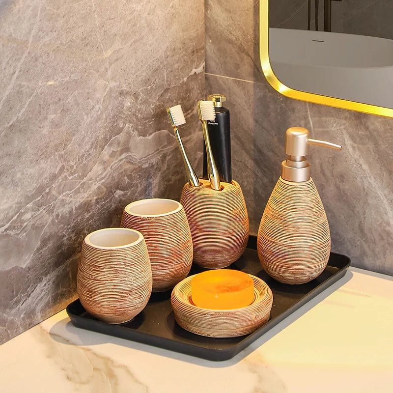 ensemble salle bain moderne tissage texture plateau savon brosse dents gobelet distributeur liquide beige