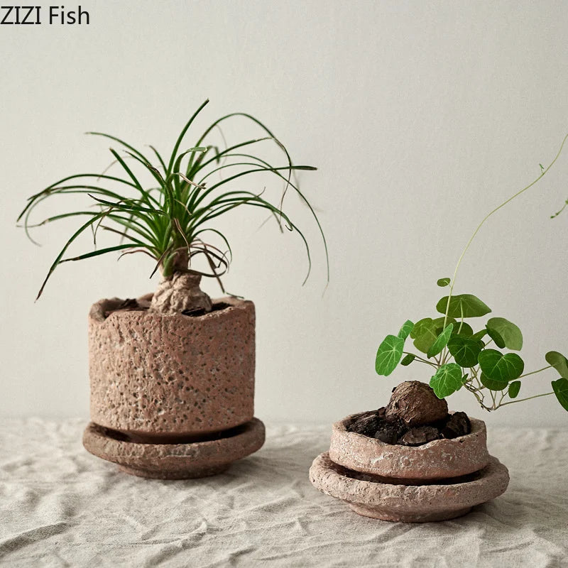 pots fleurs céramique rustique soucoupe plantes vertes jardin minimaliste