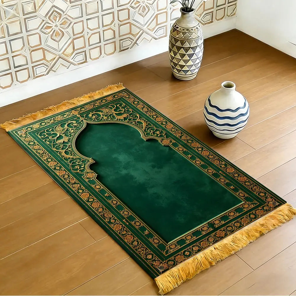 tapis prière vert or ornements floraux traditionnel usage multiple voyage intérieur