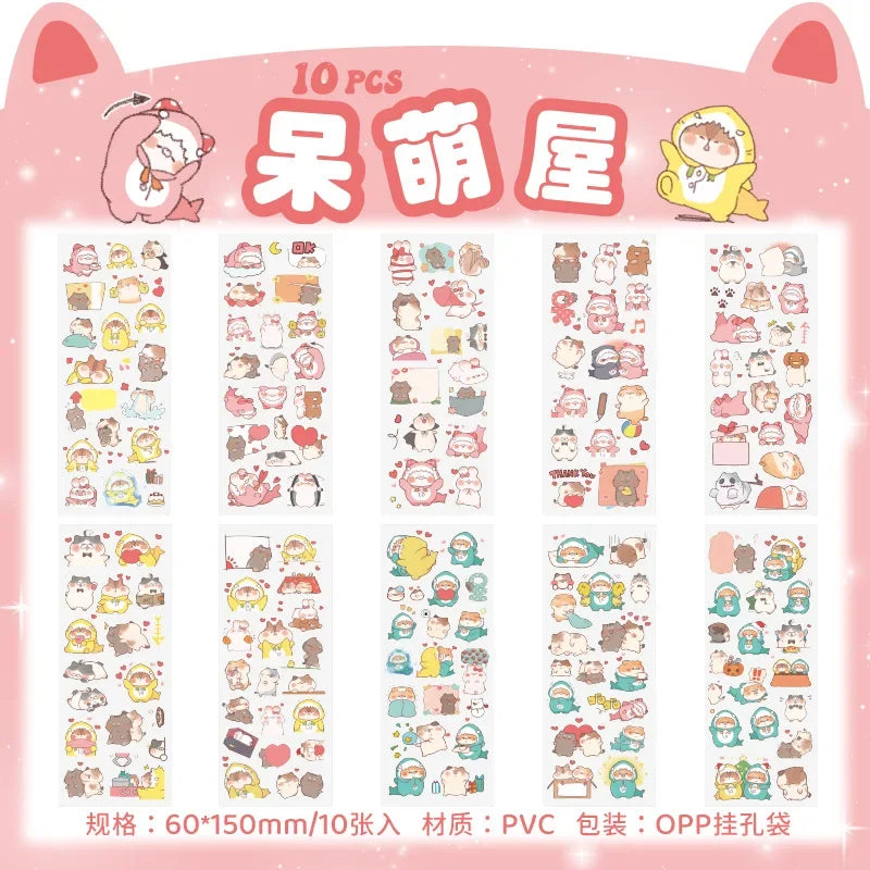 sticker kawaii adhésif dessins animés chats floraux textes scrapbooking transparent rose vert bleu blanc