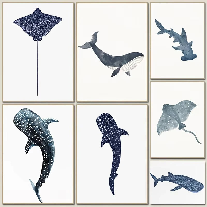 décoration maison illustration animée baleines requins bleu marine blanc points lignes toile moderne chambre