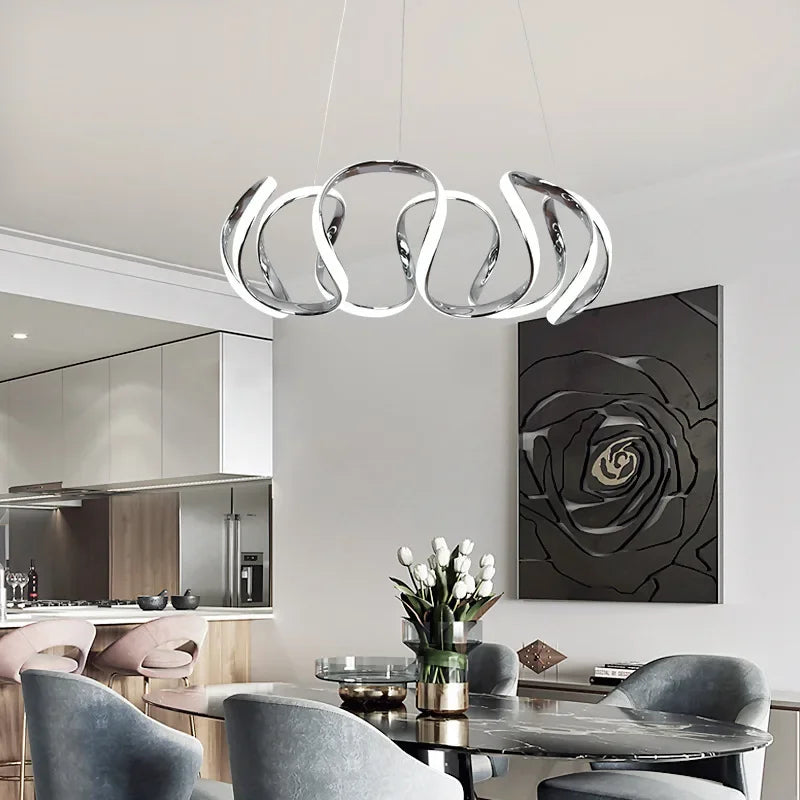 suspension lumineuse moderne noir doré boules lumière câbles suspendus forme circulaire ondulée