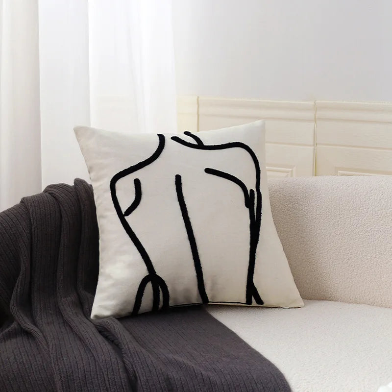 housse coussin brodé motif géométrique moderne coton blanc décoration intérieure carreau 45x45cm opaquet fixations