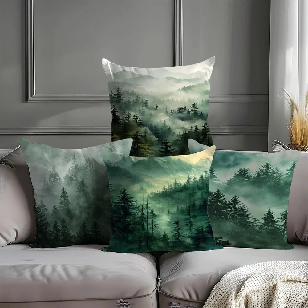 taies d'oreiller imprimées forêt brumeuse polyester peacheskin 40x40cm 45x45cm 50x50cm 60x60cm zip closure naturel