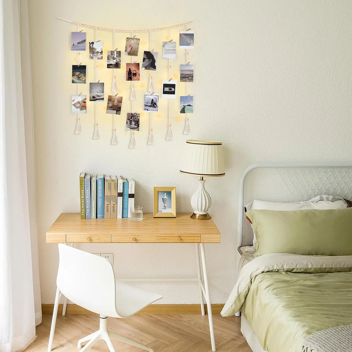 cadre mural bois clips tresses boho blanc gris clair photos suspension