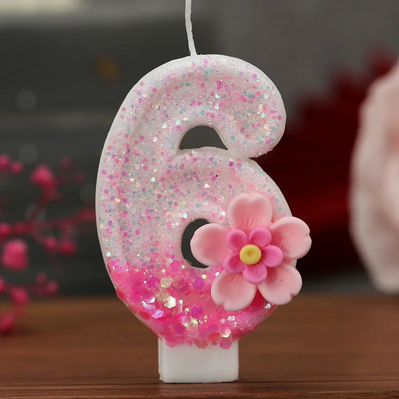 bougies numériques chiffrage blanc rose pailletées fleurs relief anniversaire décoration gâteau festif