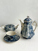 service thé céramique blanc bleu toile jouy poignées théière caféière soupière tasses