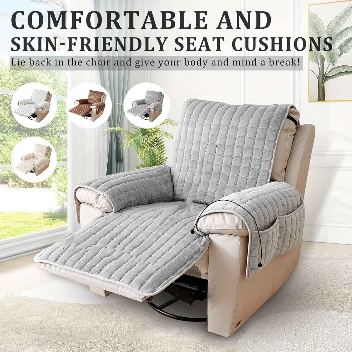 housse chaise coussin gris quadrillé moderne confortable adhésif poches polyester 190cm longueur