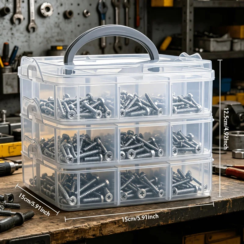 boîte rangement vis transparente pratique trois étages poignée vis différentes tailles