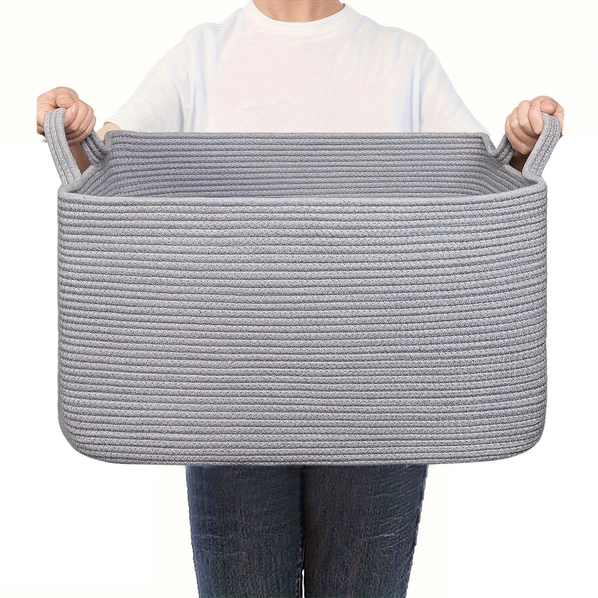 panier rangement tissé polyester pliable beige blanc rayures horizontales moderne rustique
