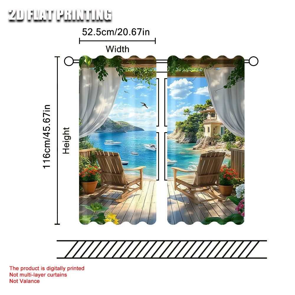 rideau moderne gris vert bleu beige blanc paysage marin polyester festif decoration fenetre
