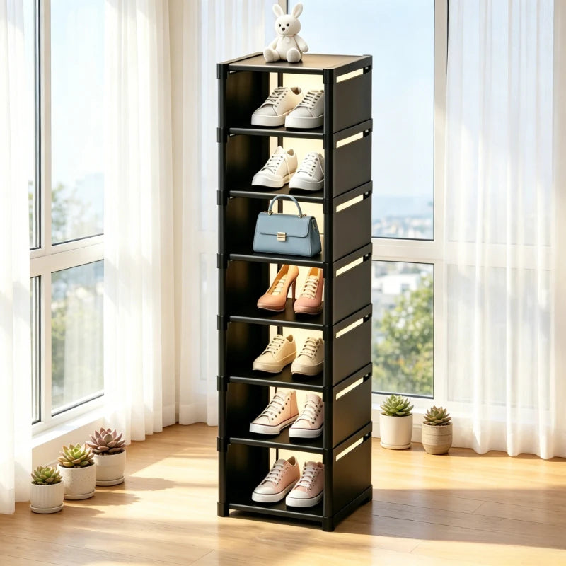 organisateur chaussures noir modulaire étagères empilables rangement moderne entrée maison baskets talons sacs figurines
