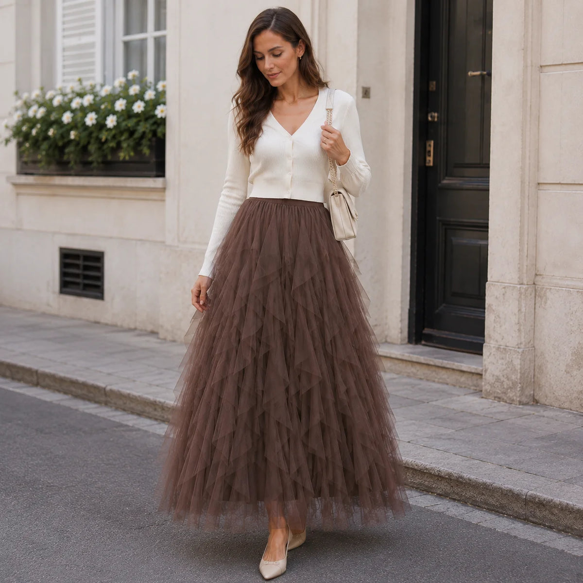 jupe tulle rose clair élégante classique été plissée longueur cheville junior féerique organza polyester
