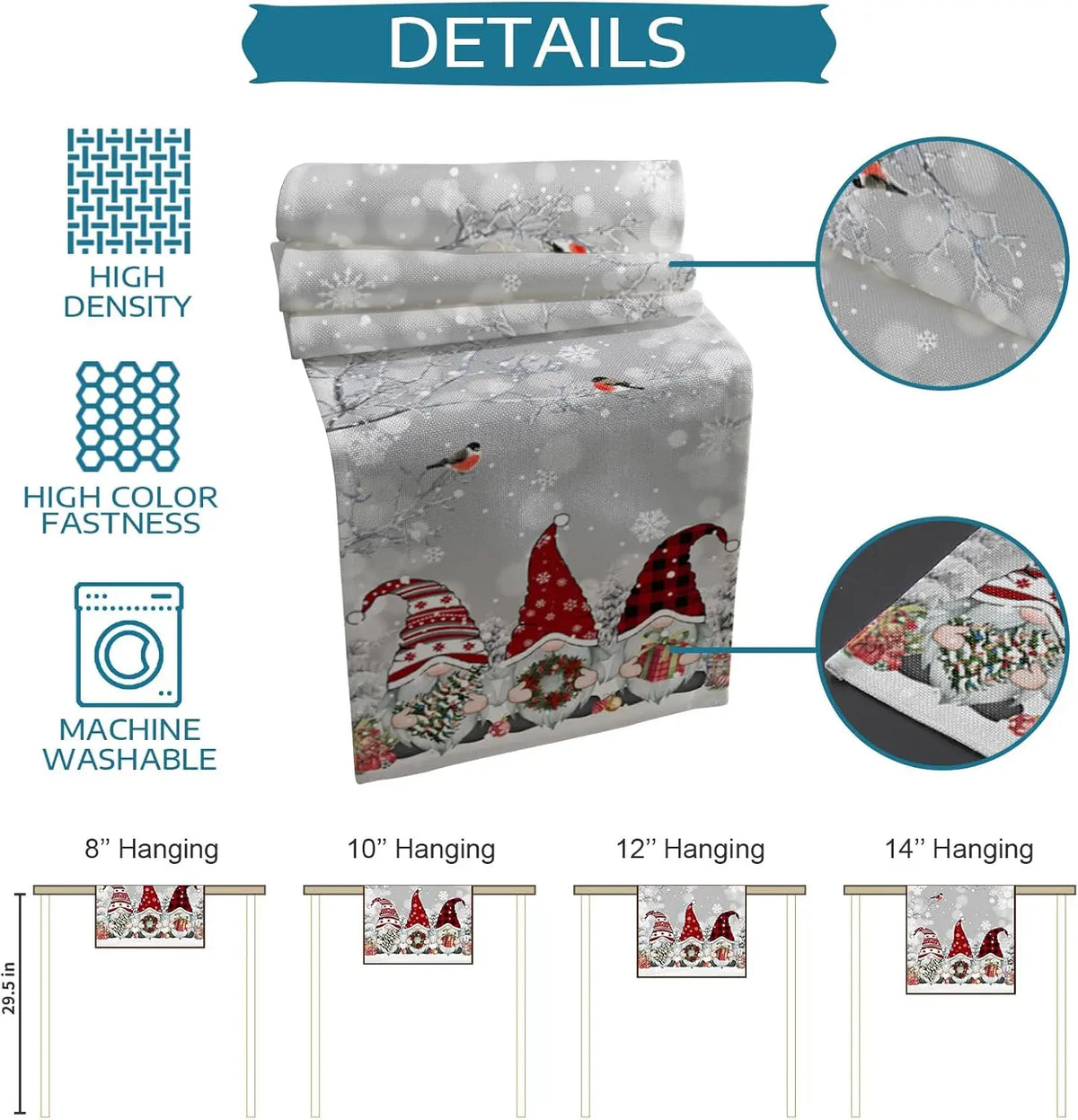 Image représentant un décor de Noël avec des gnomes rouges sur un fond gris neigeux et des détails texturés. Différentes tailles de suspensions sont disponibles pour s'adapter à vos besoins de décoration.