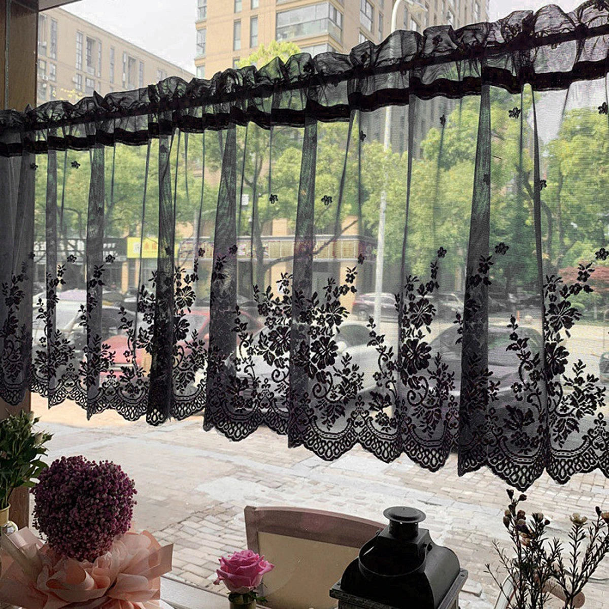 rideau noir floral transparent dentelle élégant cuisine maison 100cm 145cm 175cm