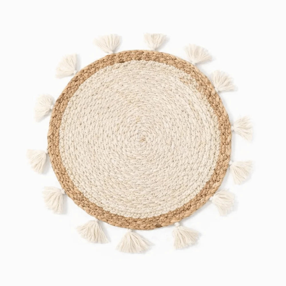 assiettes décoratives boho spirales franges naturel beige noir blanc rustic murales tressées