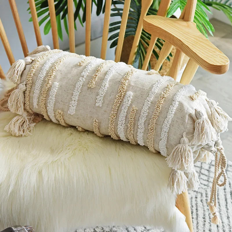coussin boho chic brodé franges polyester beige décoratif rectangle 45x45cm