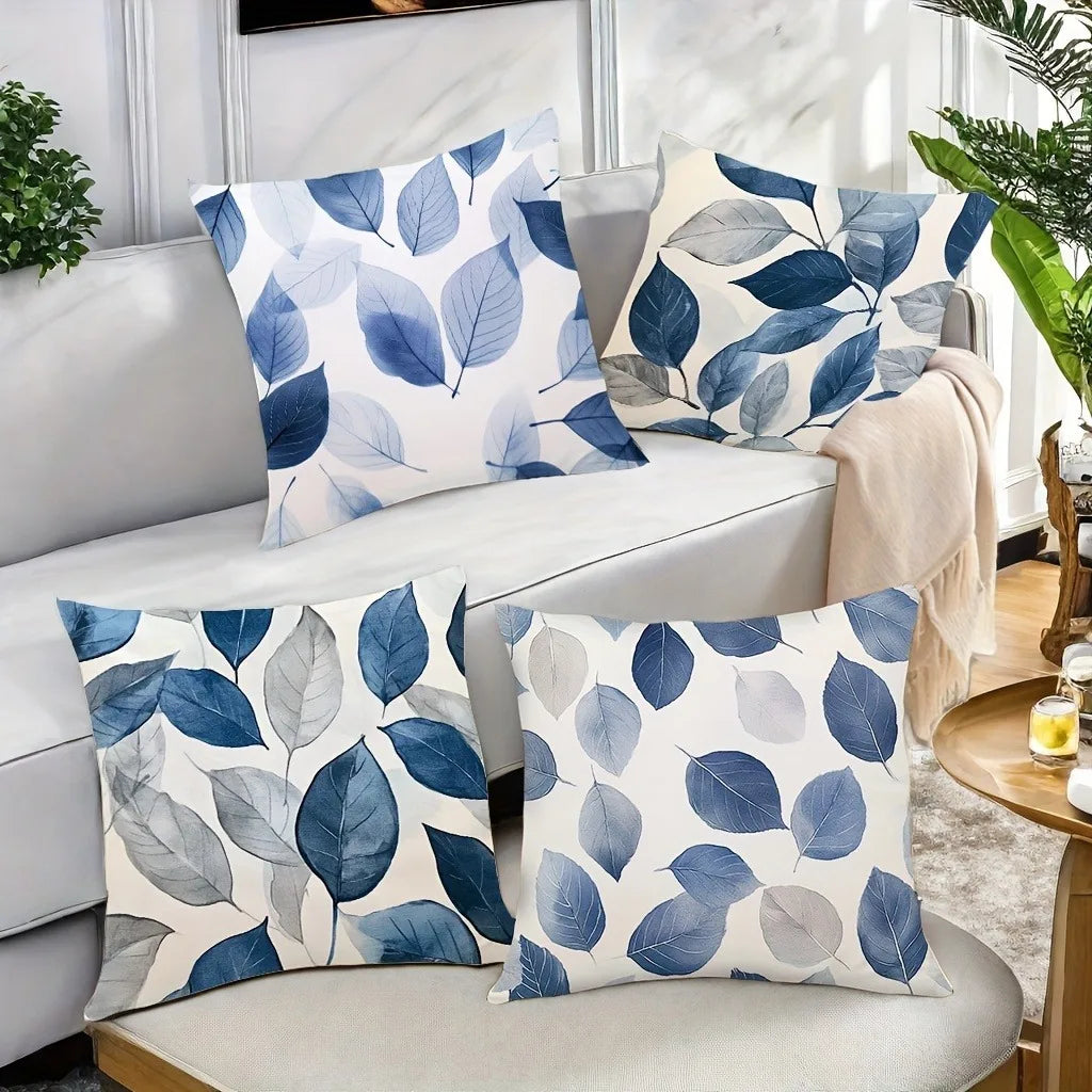 housse coussin polyester motif feuilles bleues moderne 45x45cm blanc décoration intérieur voiture salon